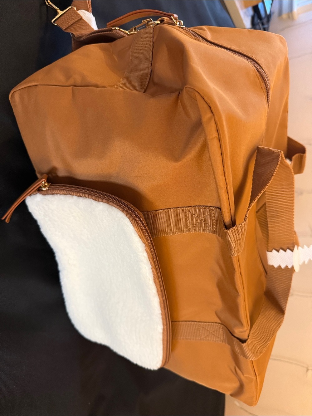 DSW Tan Duffel Bag with White Sherpa Pocket